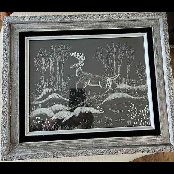 Small Framed Scratch Drawing of Woodland Scene - Picture 1 of 1
